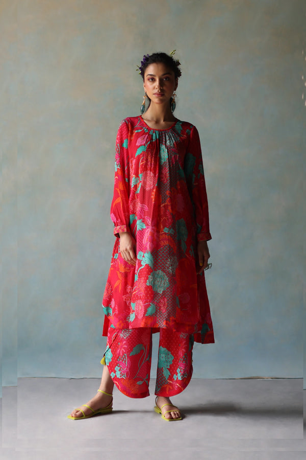 Gul Jester Red Printed Puckering Kurta Set