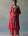 Gul Jester Red Printed Puckering Kurta Set