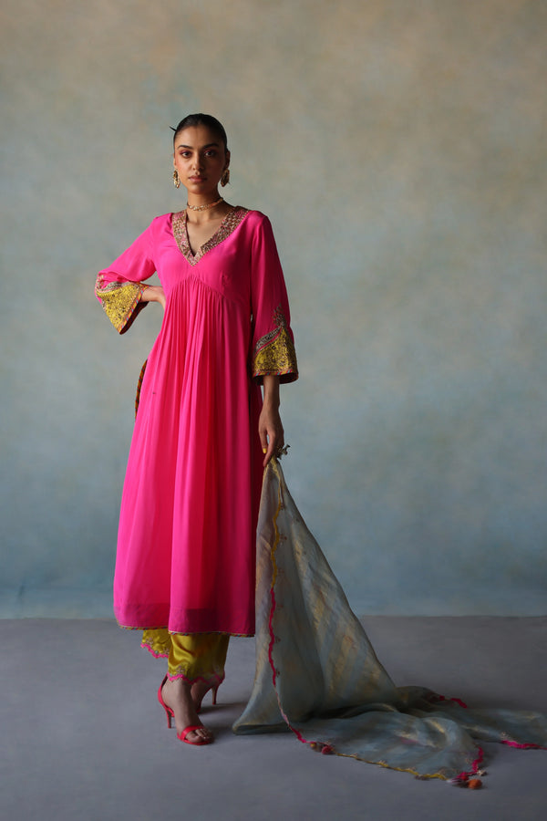 Gul Hot Pink Bell Sleeve Crepe Kurta Set