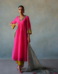 Gul Hot Pink Bell Sleeve Crepe Kurta Set