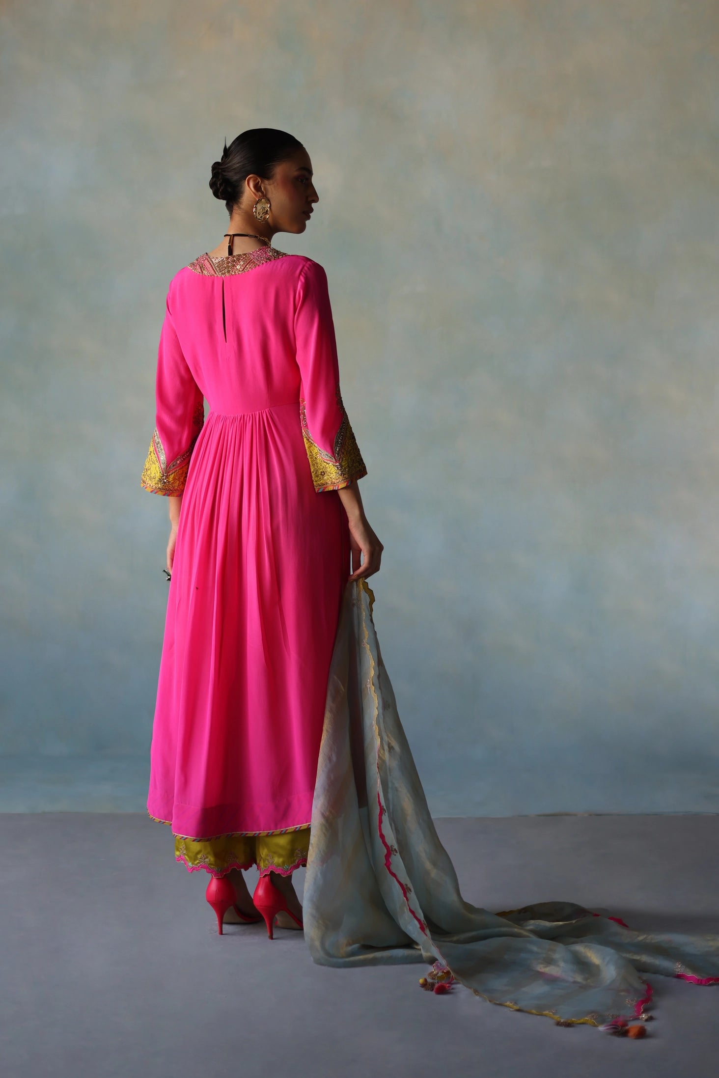 Gul Hot Pink Bell Sleeve Crepe Kurta Set