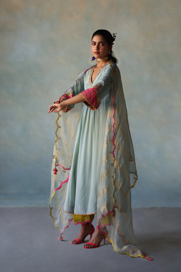 Gul Ice Blue Bell Sleeve Crepe Kurta Set