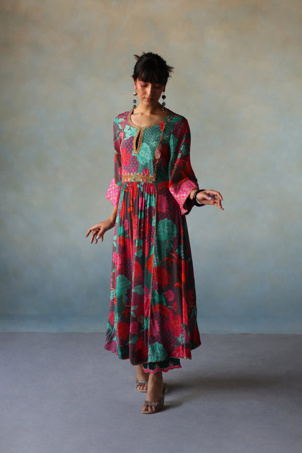 Gul Teal Yoke Check Sleeve Kurta Set