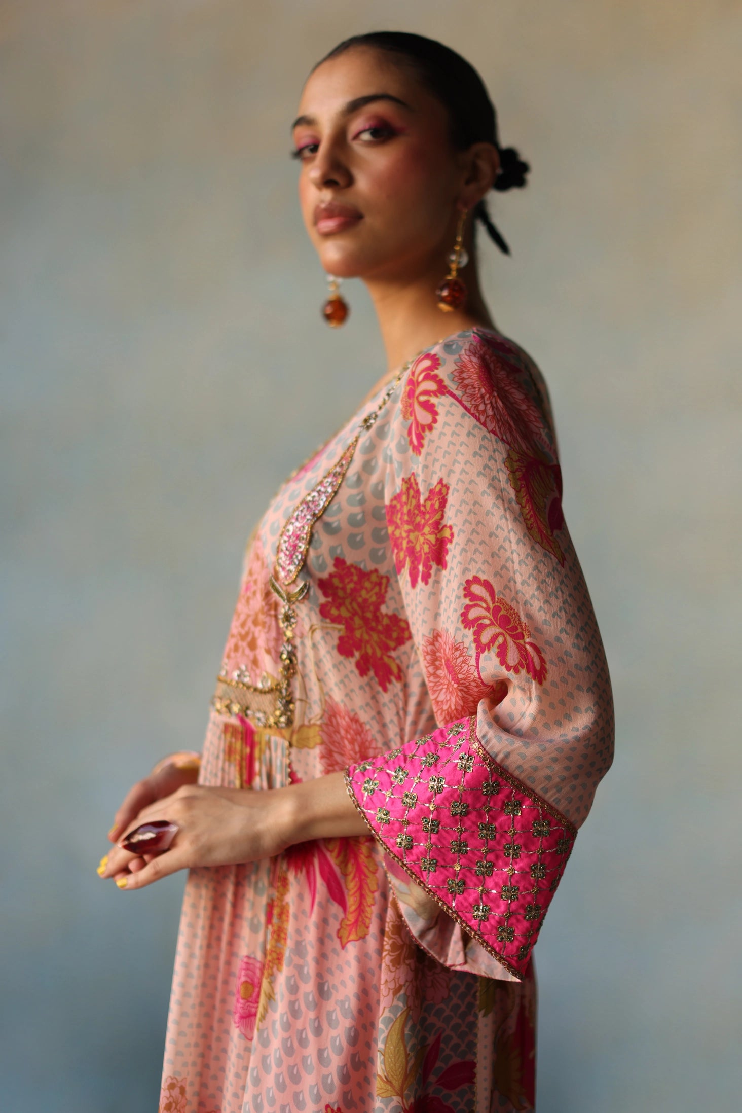 Gul Pastel Pink Yoke Check Sleeve Kurta Set