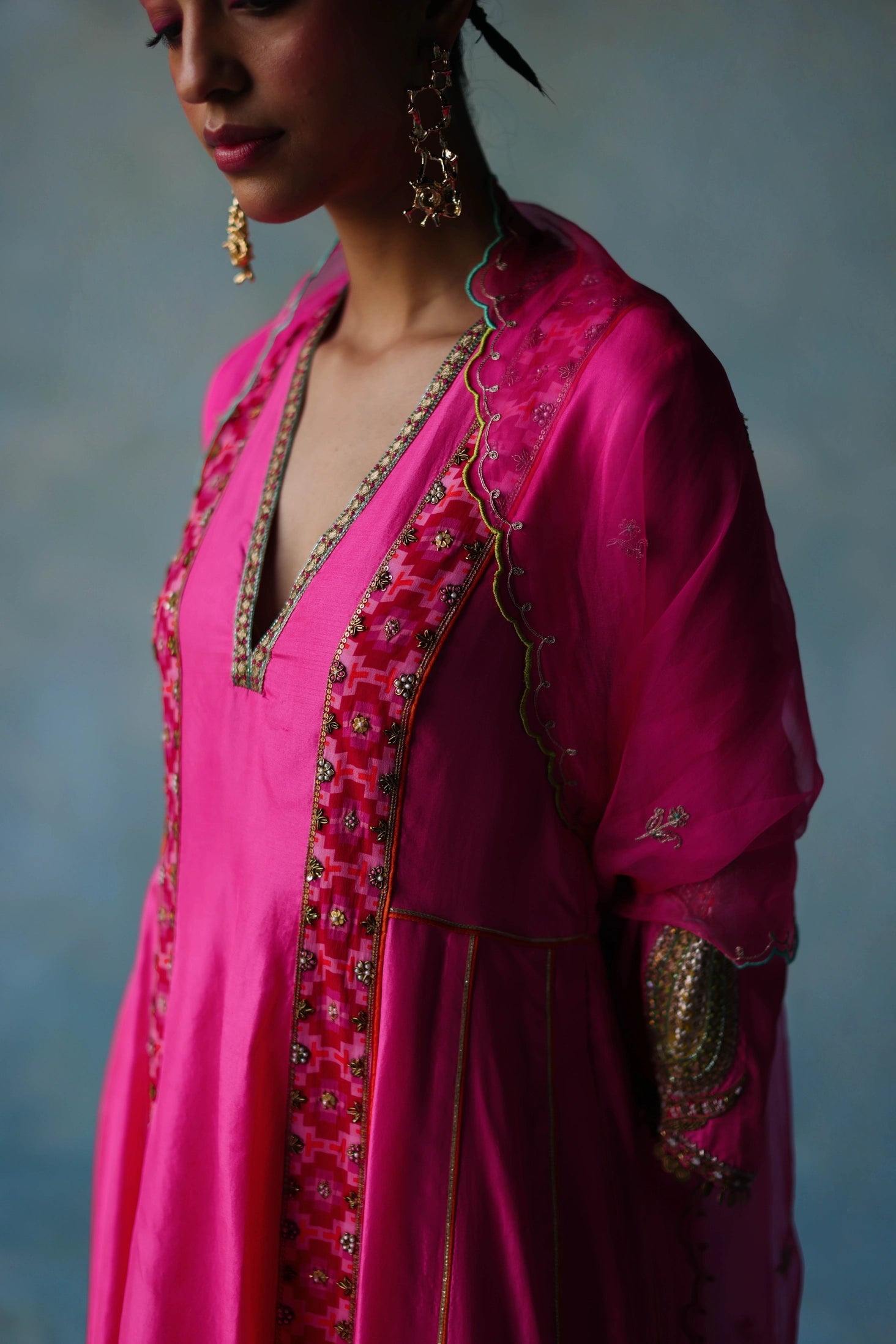 Gul Hot Pink Side Kali Silk Kurta Set