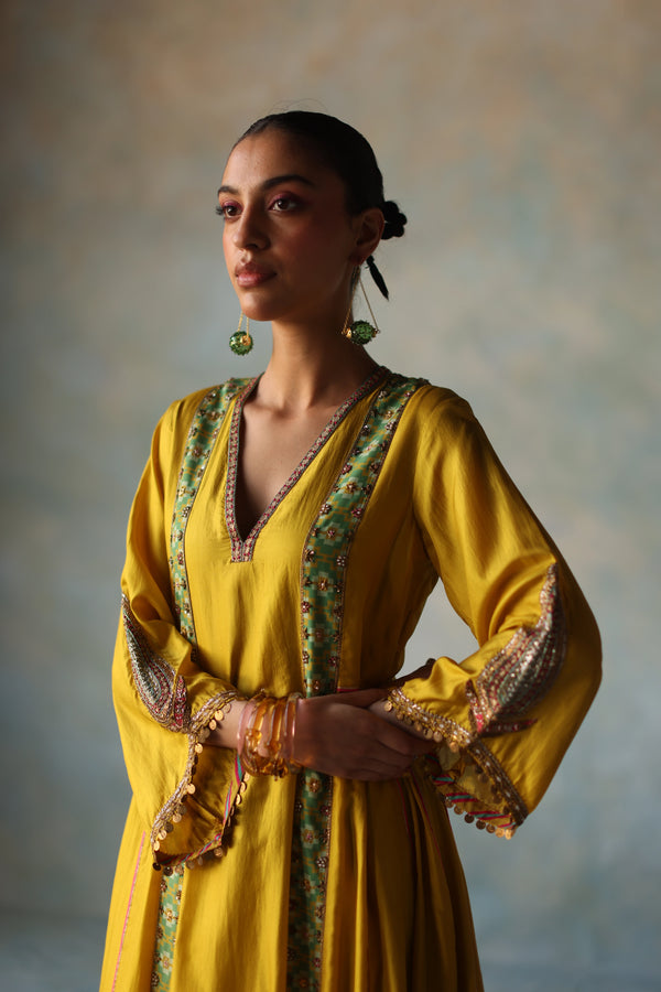 Gul Lime Yellow Side Kali Silk Kurta Set