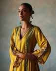 Gul Lime Yellow Side Kali Silk Kurta Set