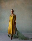 Gul Lime Yellow Side Kali Silk Kurta Set