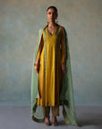 Gul Lime Yellow Side Kali Silk Kurta Set