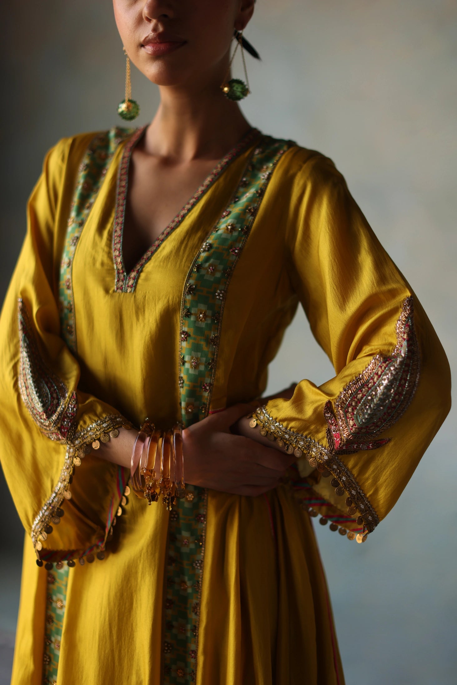 Gul Lime Yellow Side Kali Silk Kurta Set