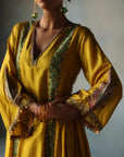 Gul Lime Yellow Side Kali Silk Kurta Set