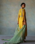 Gul Lime Yellow Side Kali Silk Kurta Set