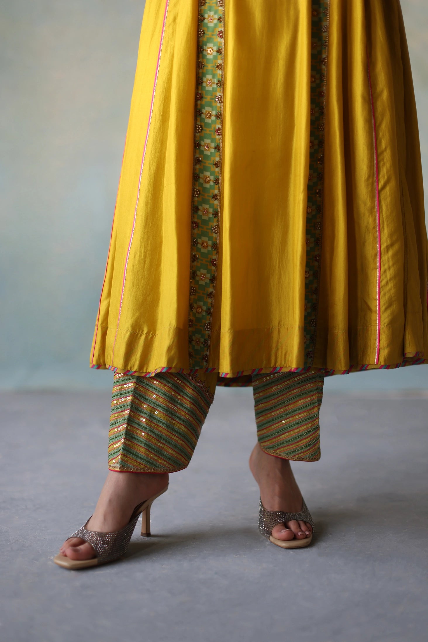 Gul Lime Yellow Side Kali Silk Kurta Set