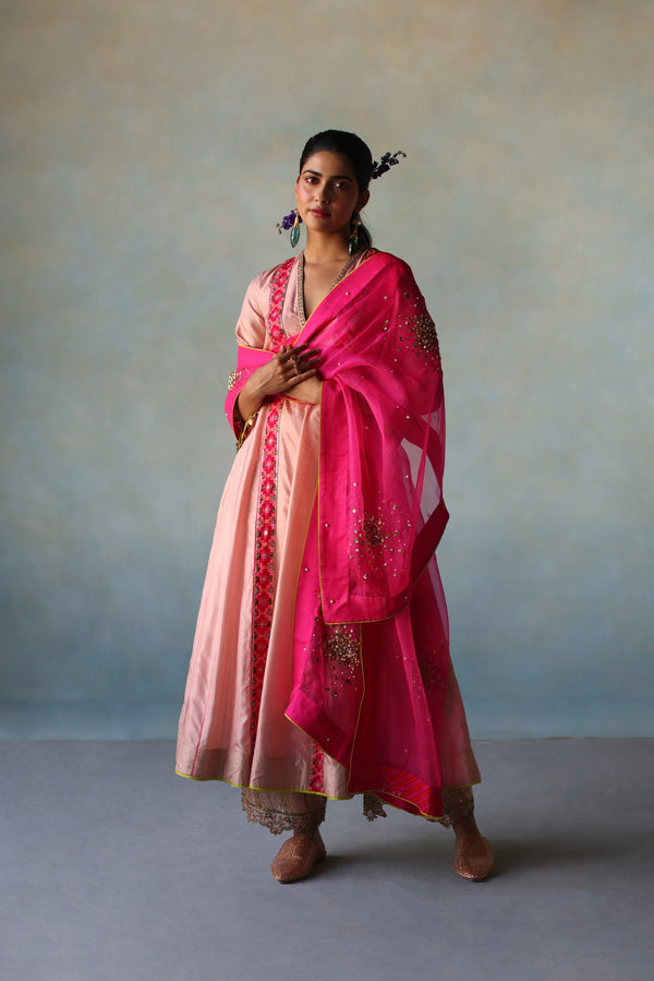 Gul Pastel Pink Side Kali Silk Kurta Set