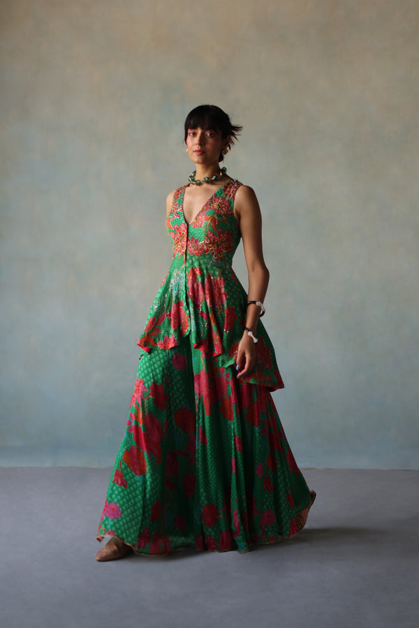  Gul Green Crepe Peplum Sharara Set