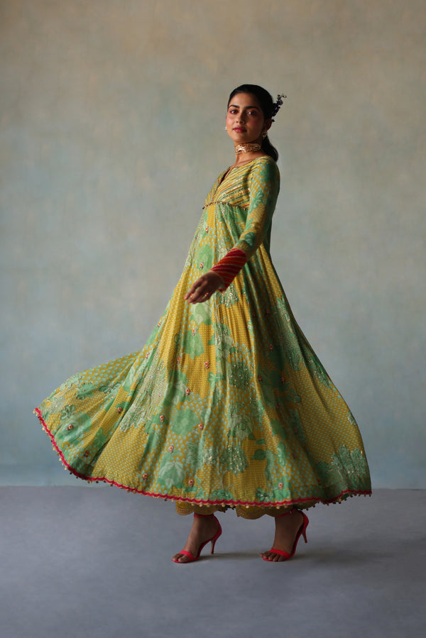Gul Lime -Sage Green Printed Crepe Short Yoke Anarkali Set