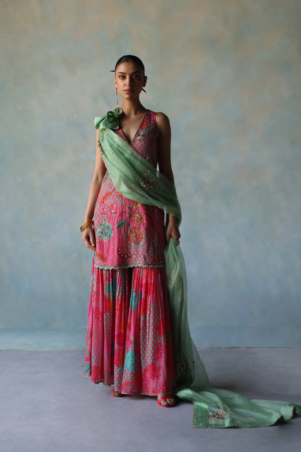 Gul Bright Pink Floral Crepe Gharara Set