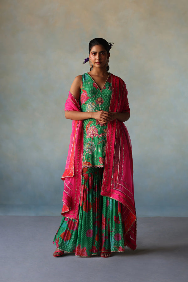 Gul Green Floral Crepe Gharara Set