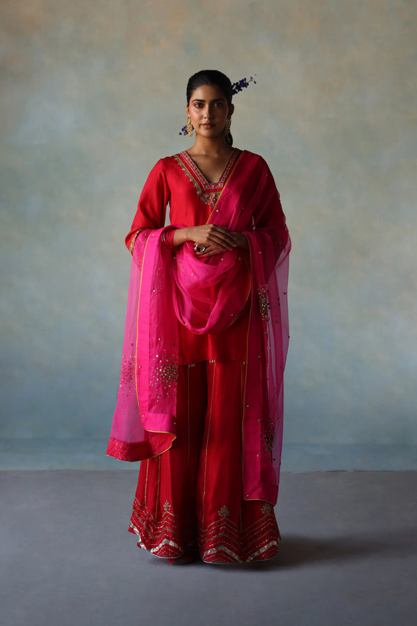  Gul Red- Hot Pink Silk Sharara Set  