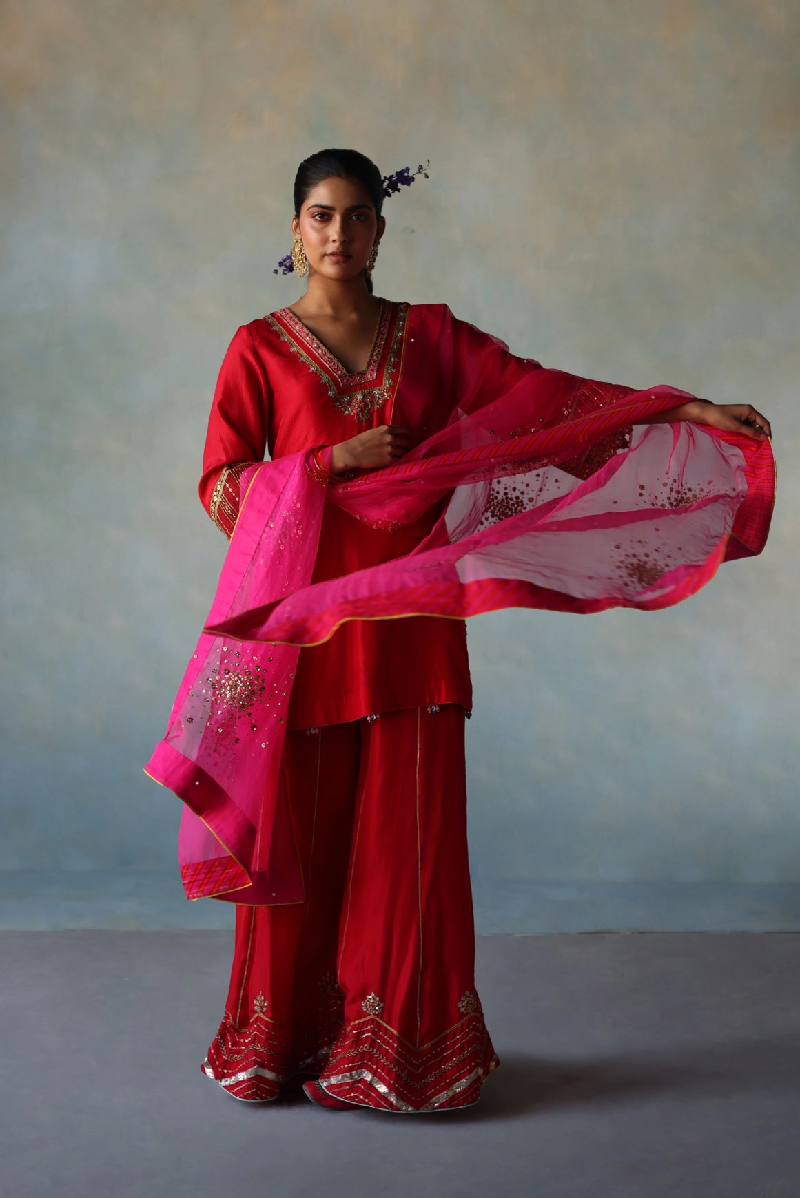  Gul Red- Hot Pink Silk Sharara Set  