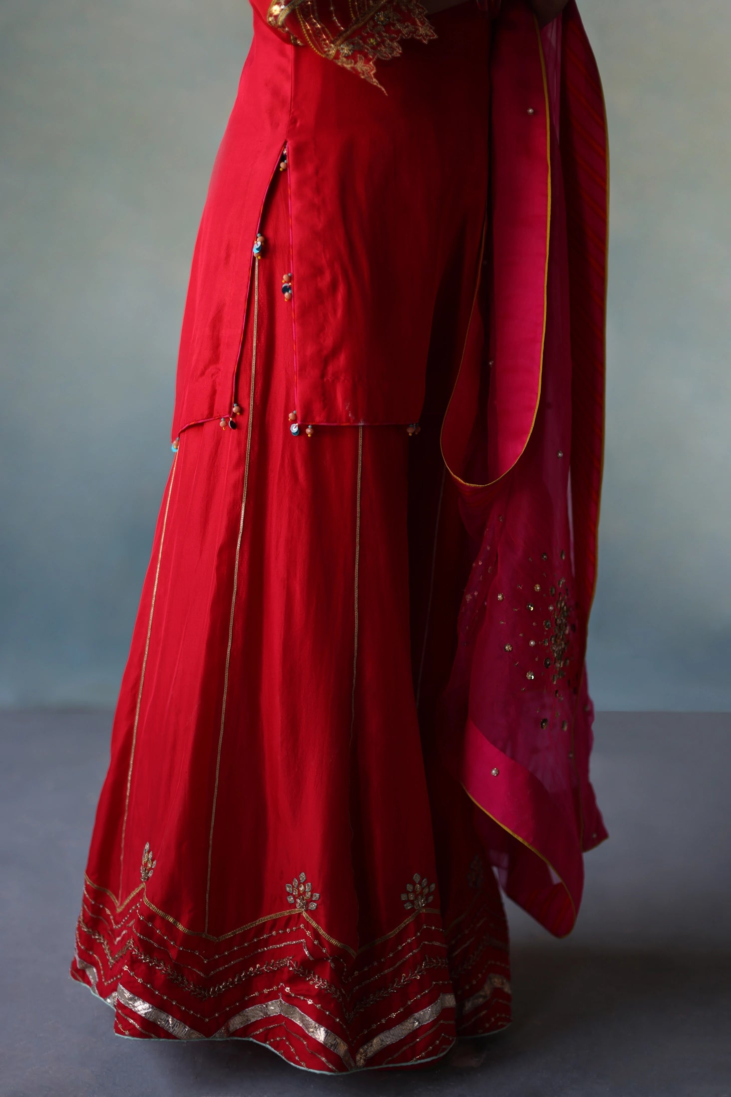  Gul Red- Hot Pink Silk Sharara Set  