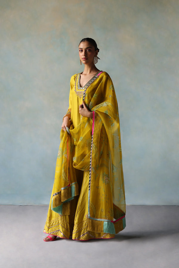 Gul Lime Yellow Silk Sharara Set