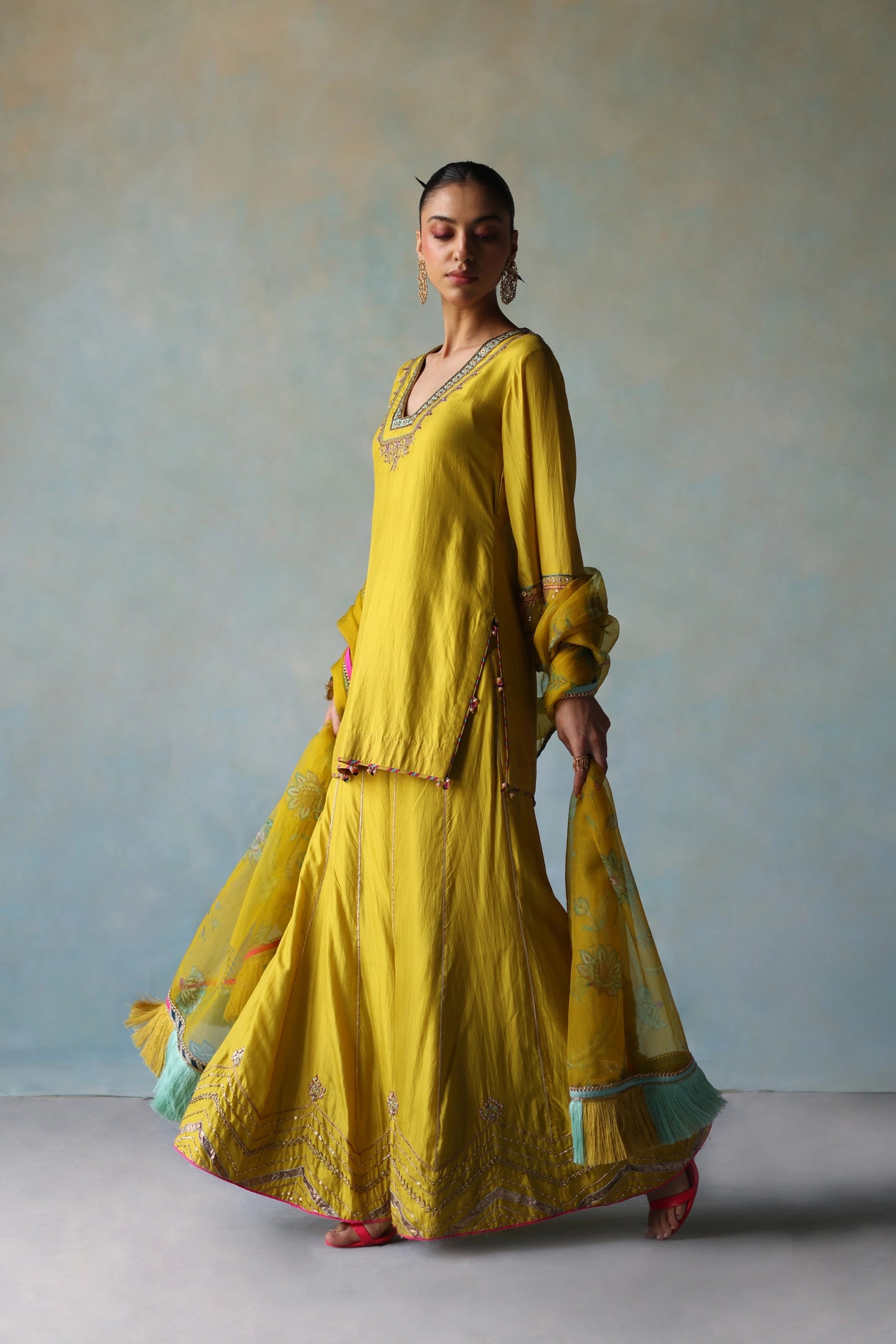 Gul Lime Yellow Silk Sharara Set