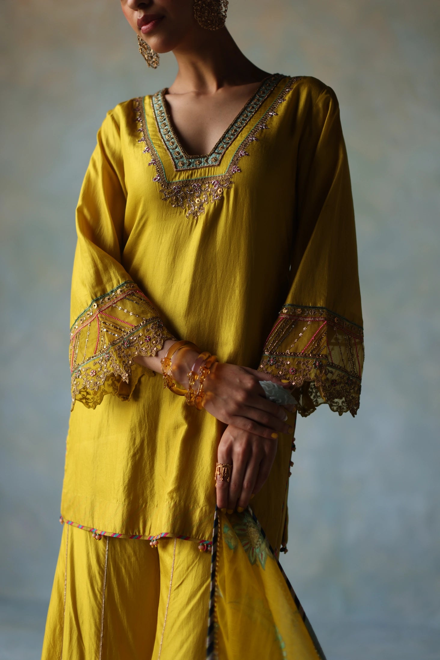 Gul Lime Yellow Silk Sharara Set