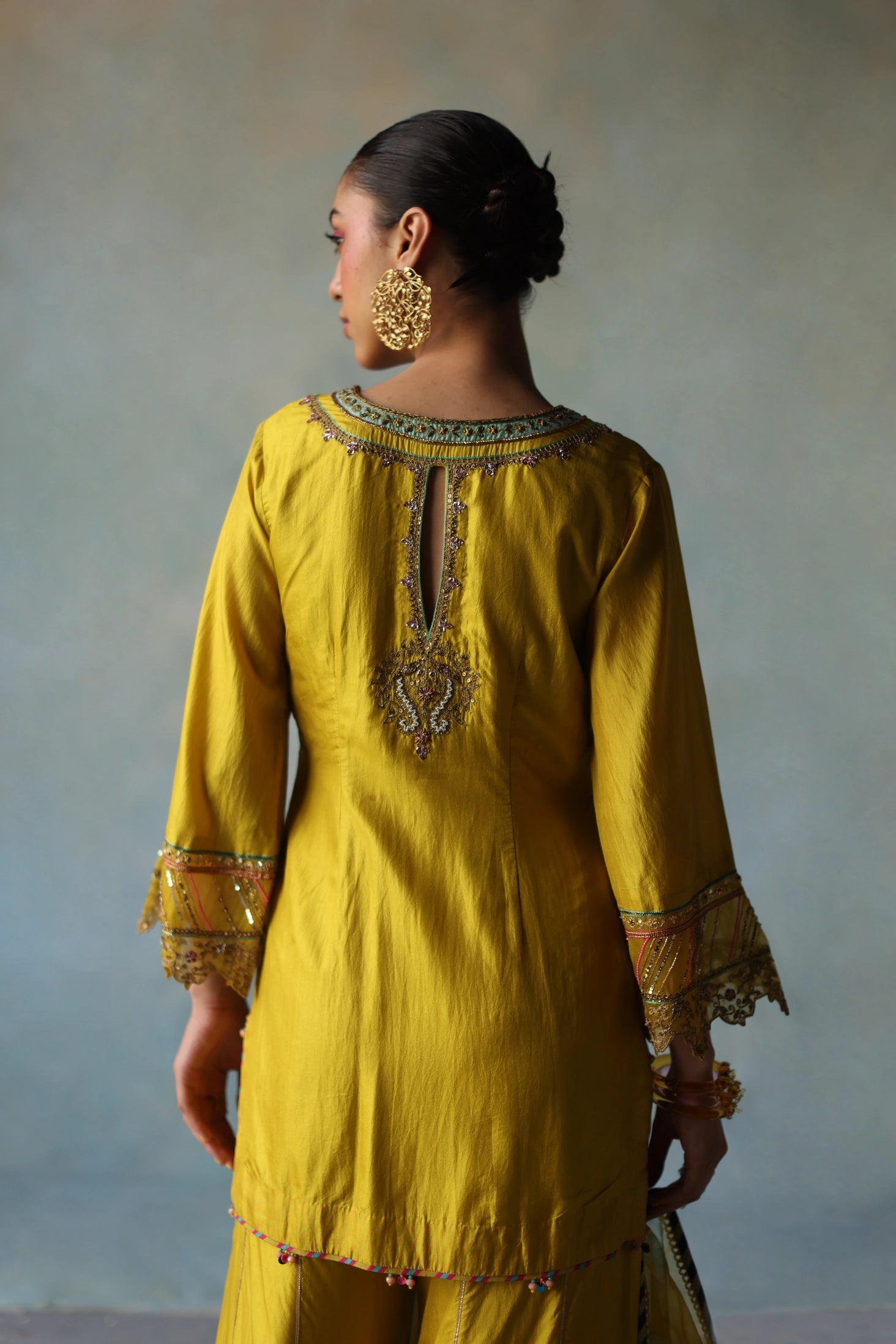 Gul Lime Yellow Silk Sharara Set