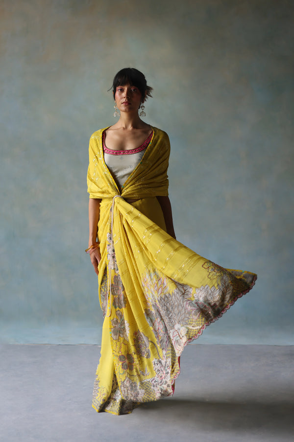 Gul Yellow Printed Stripe Crepe Sari