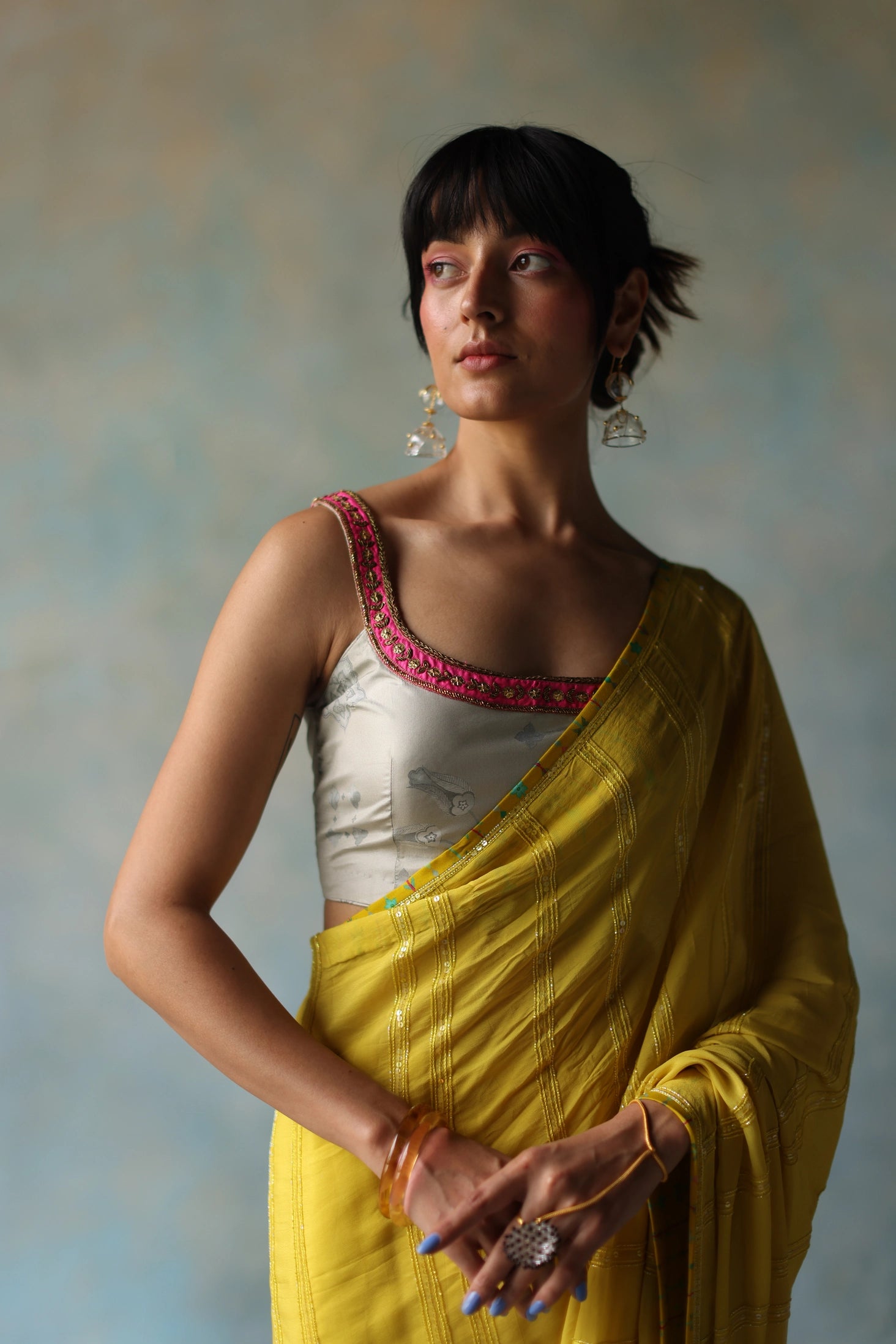 Gul Yellow Printed Stripe Crepe Sari