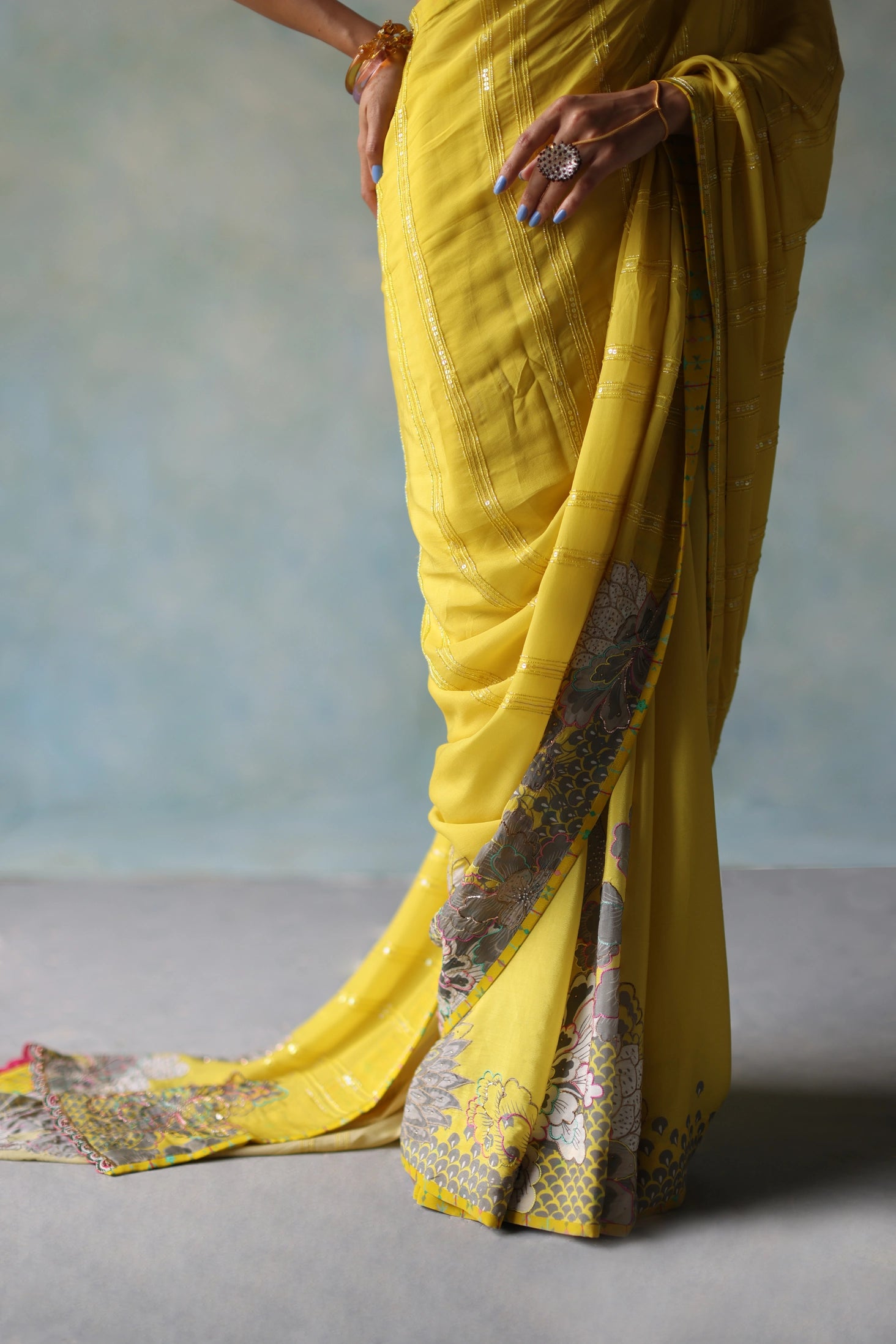 Gul Yellow Printed Stripe Crepe Sari