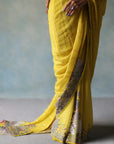 Gul Yellow Printed Stripe Crepe Sari