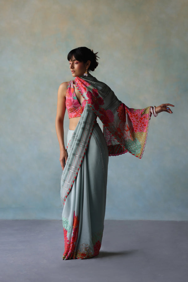 Gul Ice Blue Printed Stripe Crepe Sari