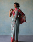 Gul Ice Blue Printed Stripe Crepe Sari