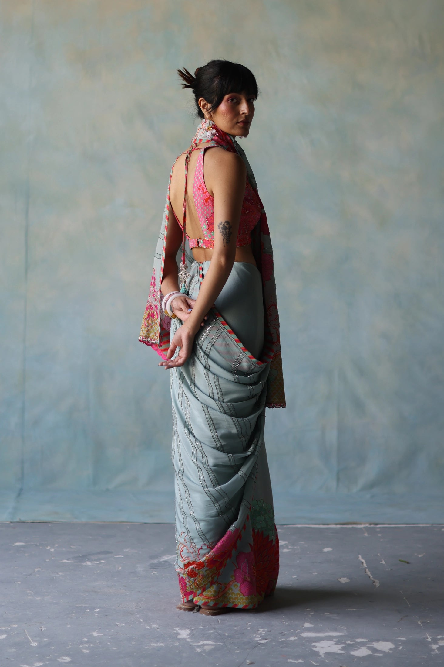 Gul Ice Blue Printed Stripe Crepe Sari