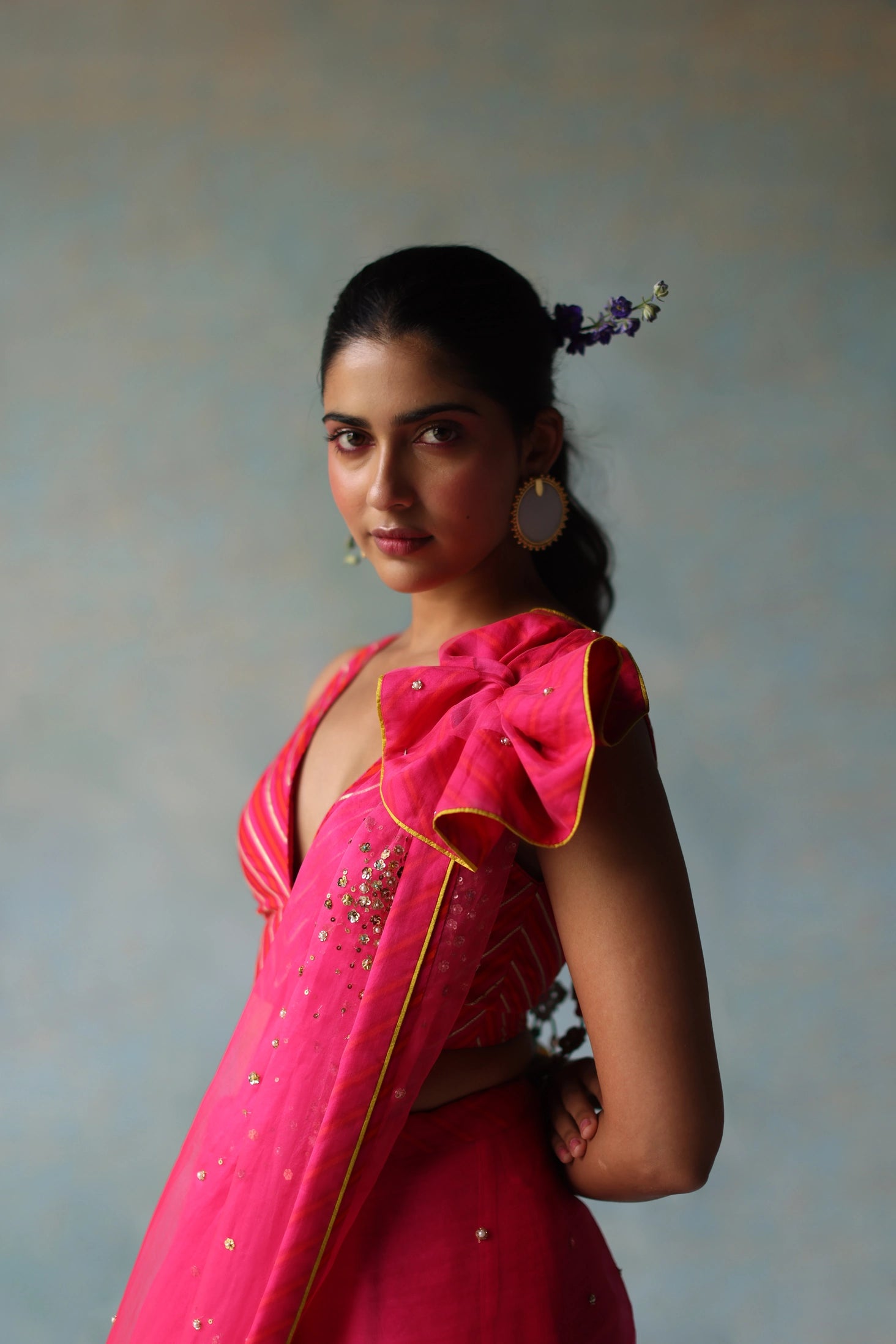 Gul Hot Pink Sequin Flower Sari