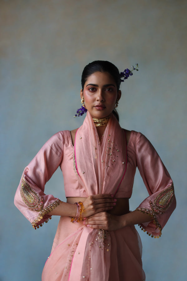 Gul Pastel Pink Sequin Flower Sari