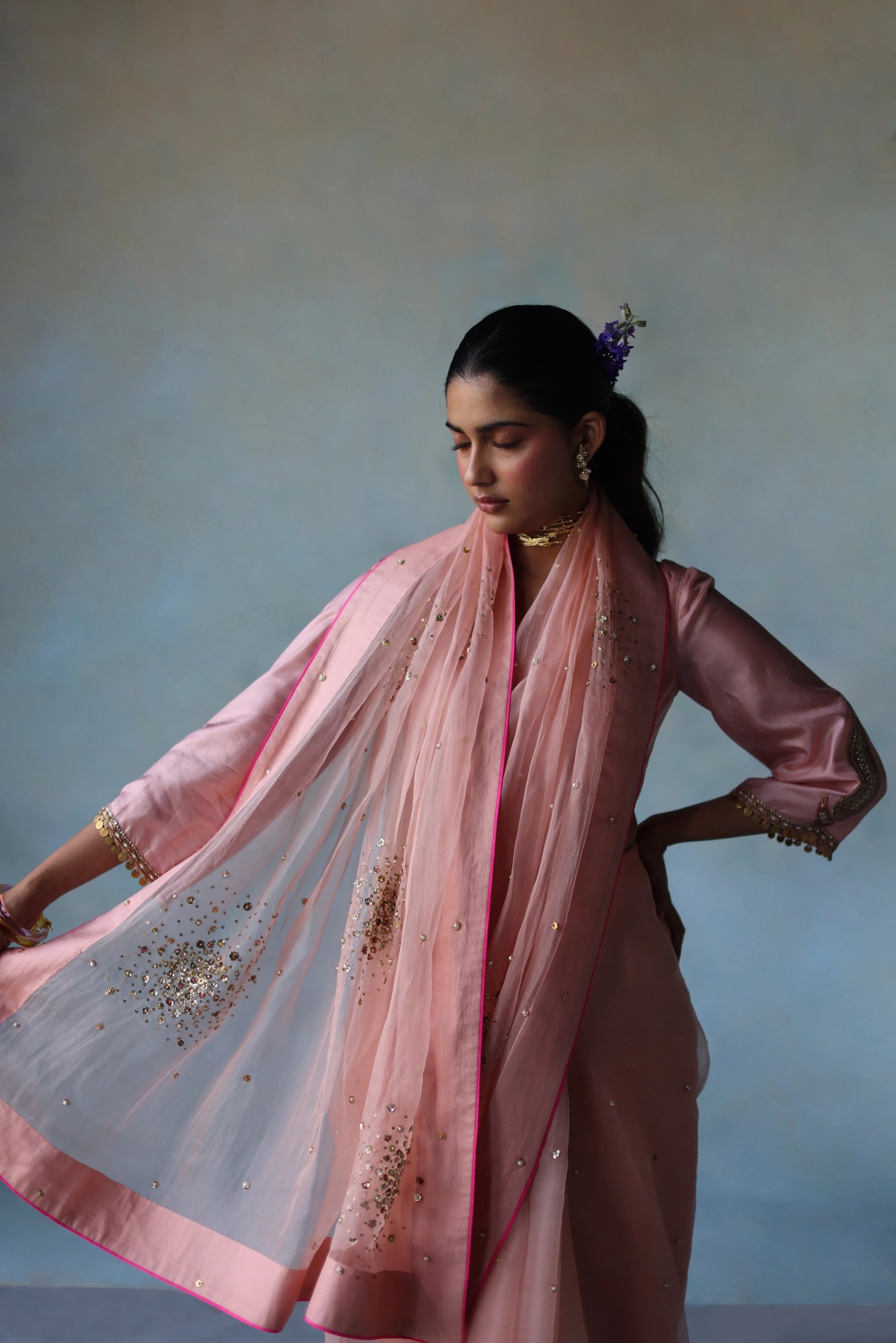 Gul Pastel Pink Sequin Flower Sari