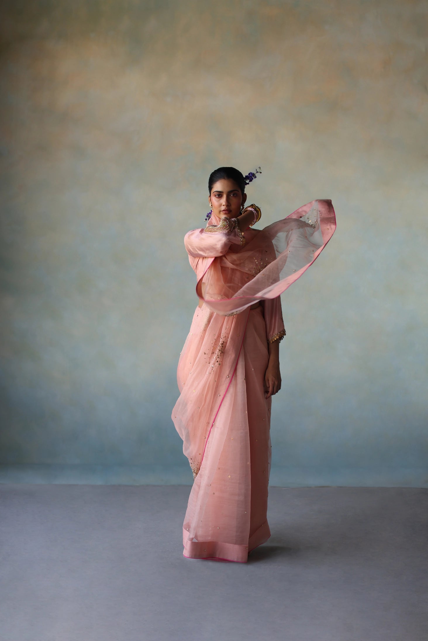 Gul Pastel Pink Sequin Flower Sari