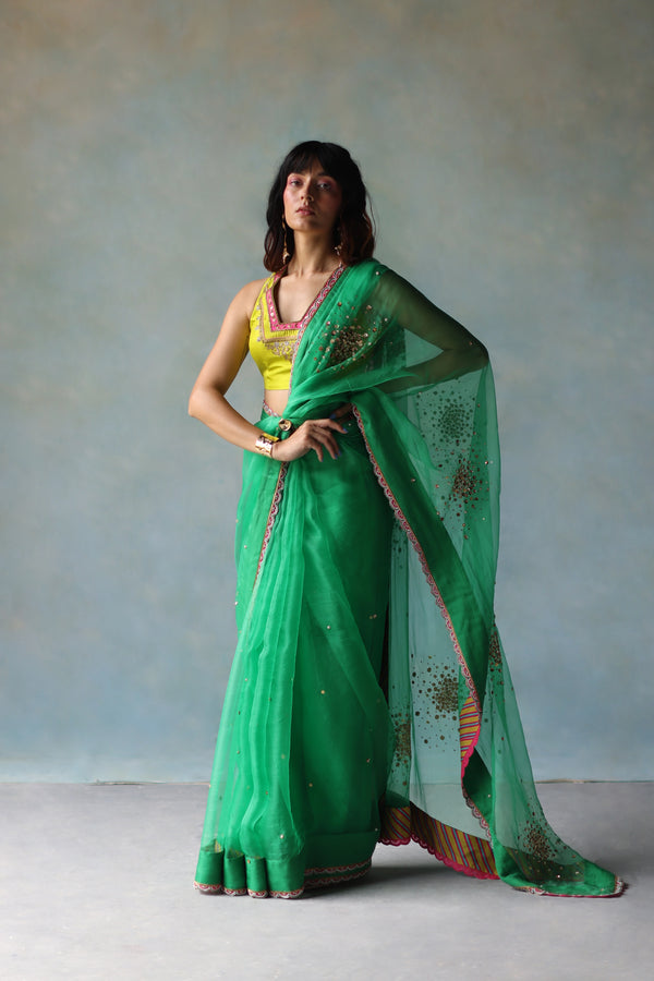 Gul Green Sequin Flower Sari