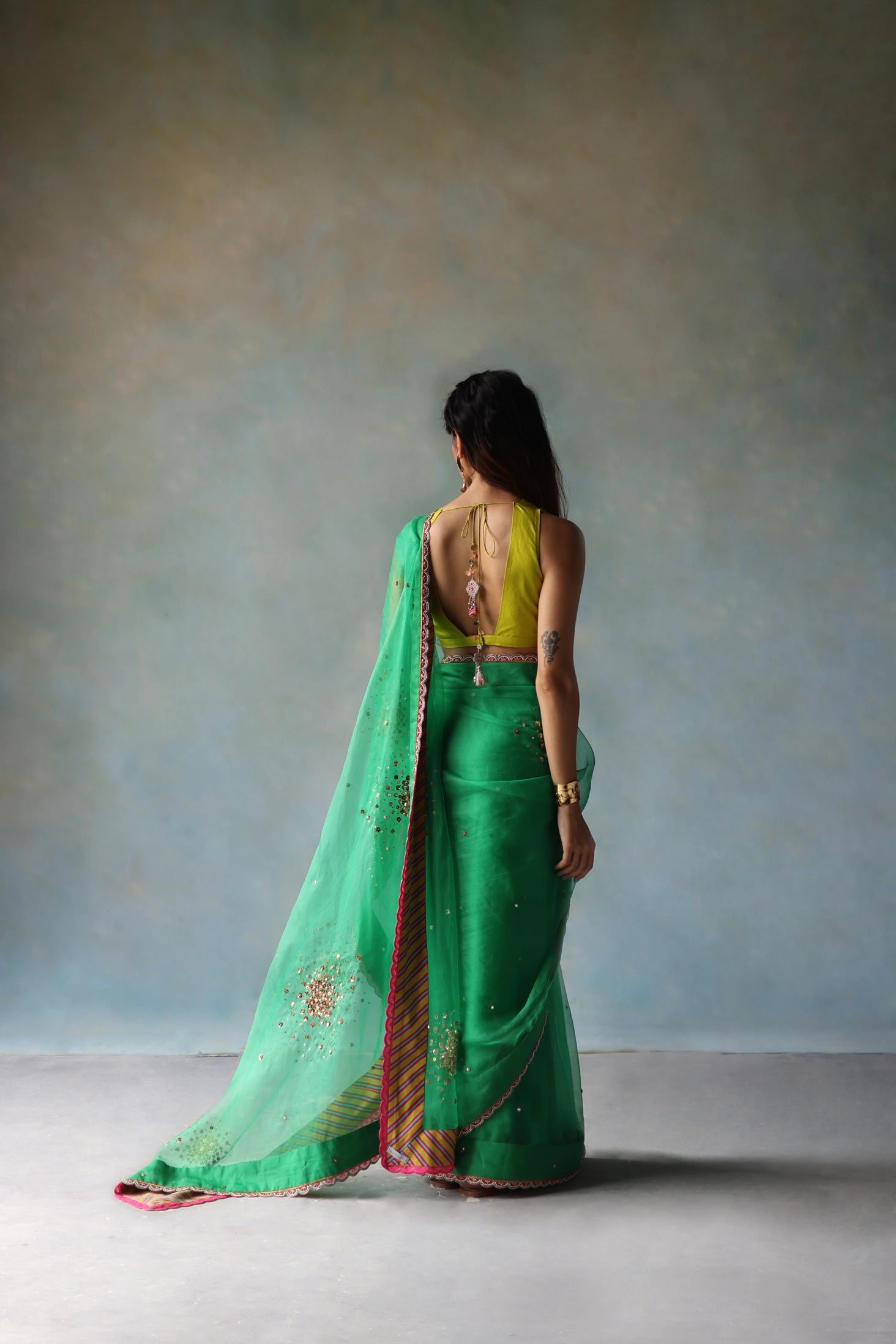 Gul Green Sequin Flower Sari