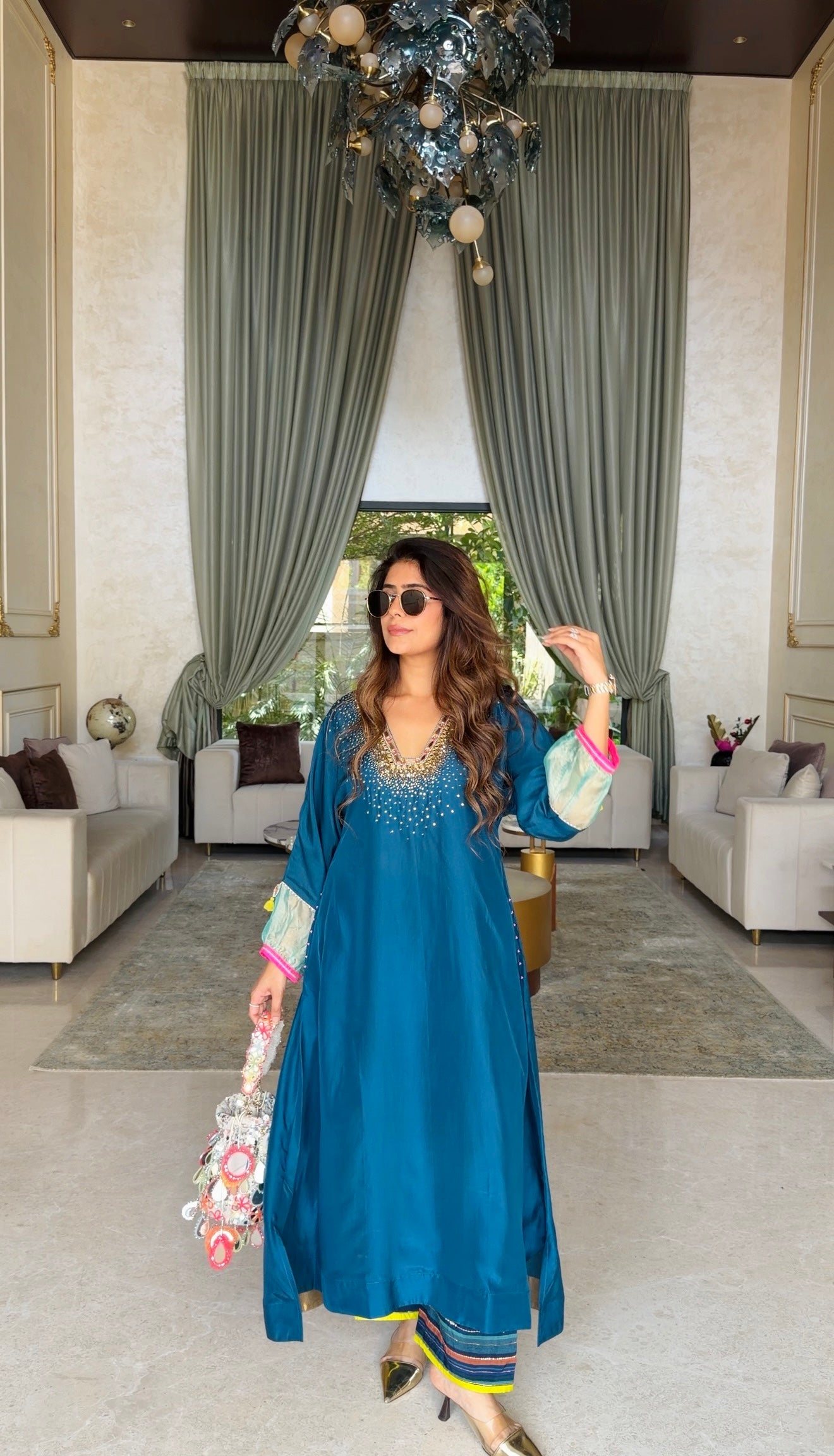 Mehal Kejriwal Teal Blue Silk Kaftan Kurta Set