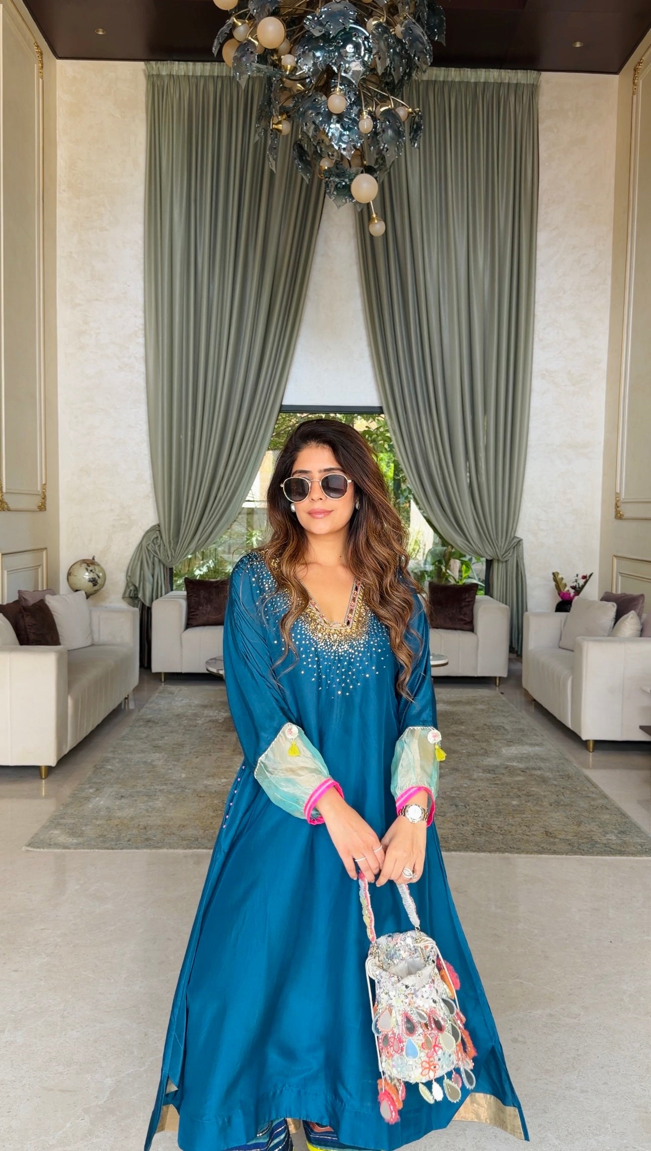Mehal Kejriwal Teal Blue Silk Kaftan Kurta Set