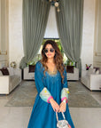 Mehal Kejriwal Teal Blue Silk Kaftan Kurta Set