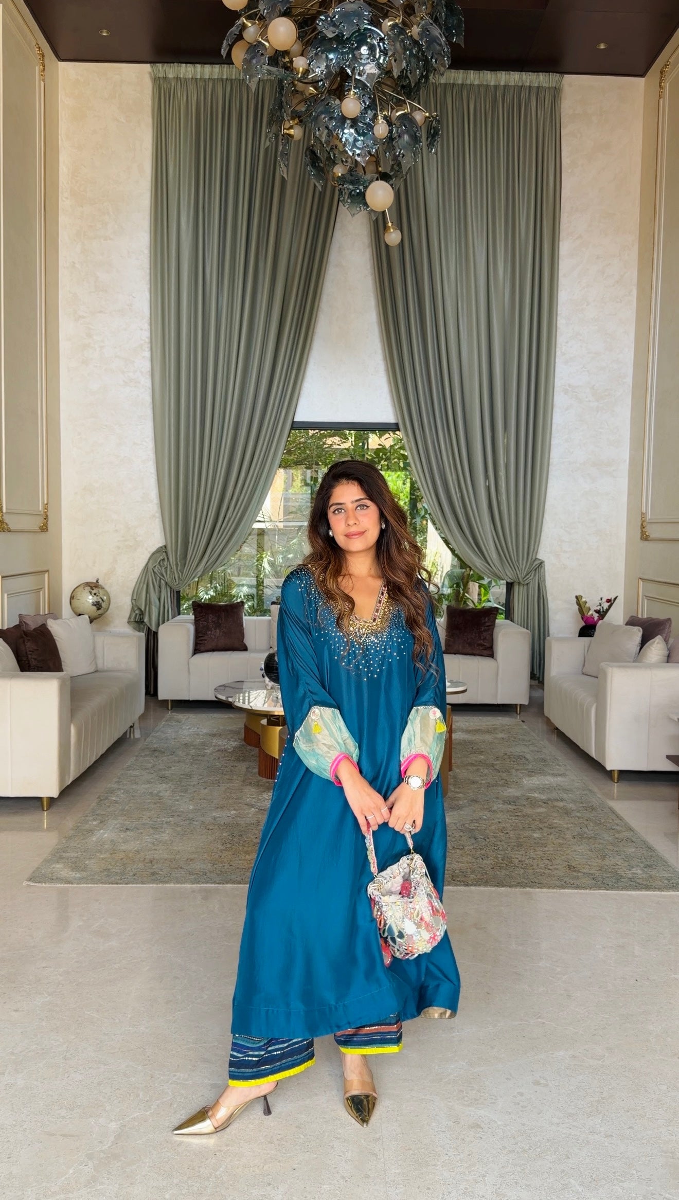 Mehal Kejriwal Teal Blue Silk Kaftan Kurta Set