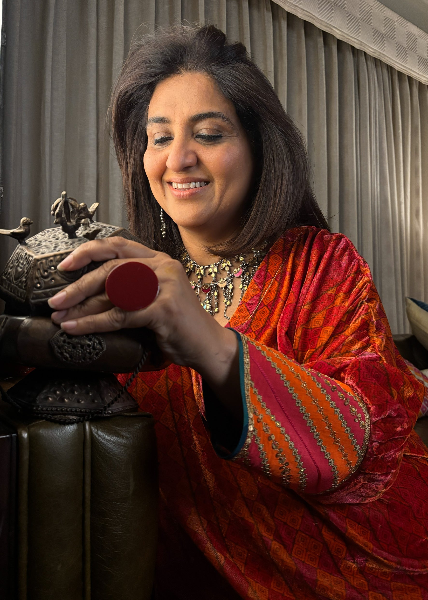 Orange Red Phulkari Print Velvet Kaftan Set