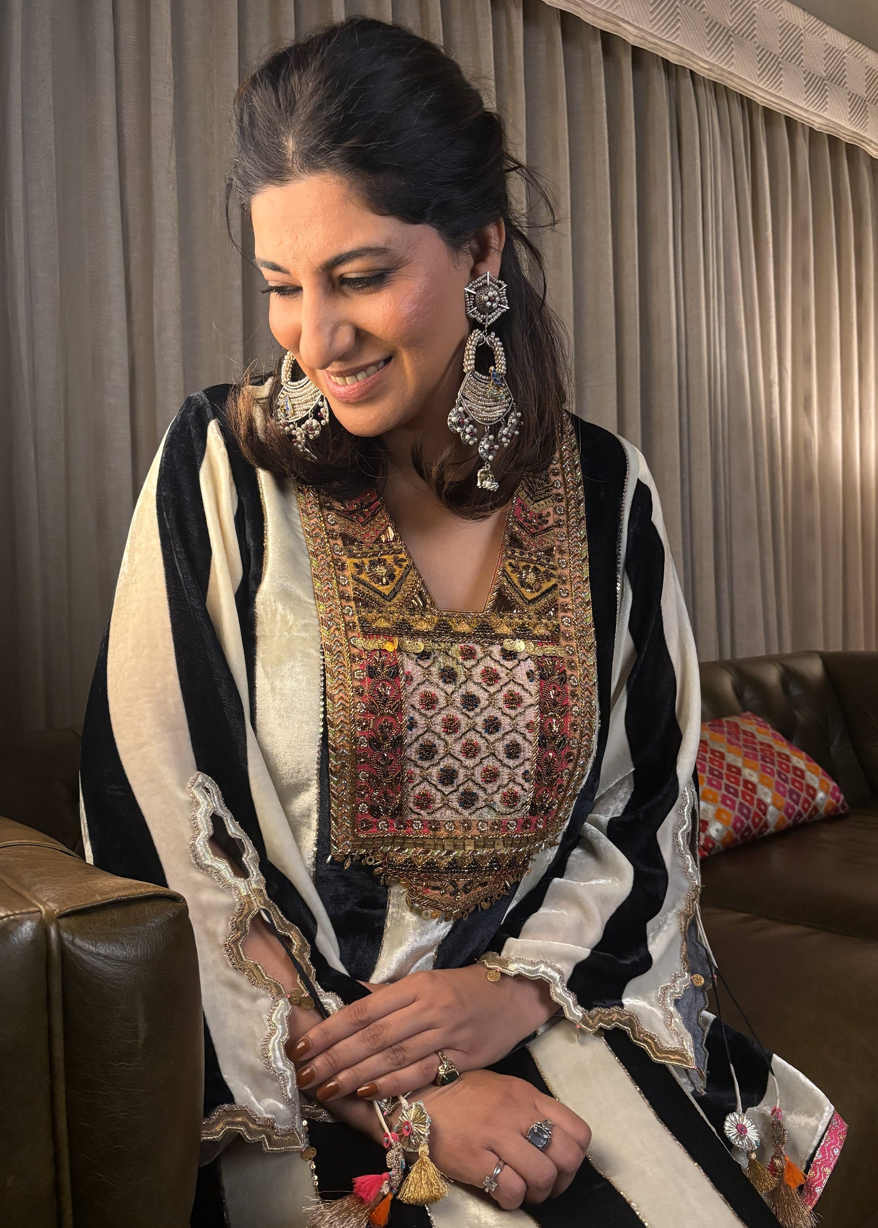 Black And White Stripe Velvet Kaftan Dress