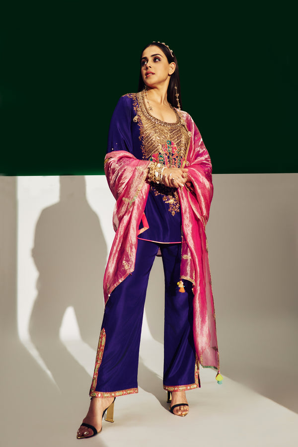 Genelia Purple Silk Yoke Boota Kurta Set
