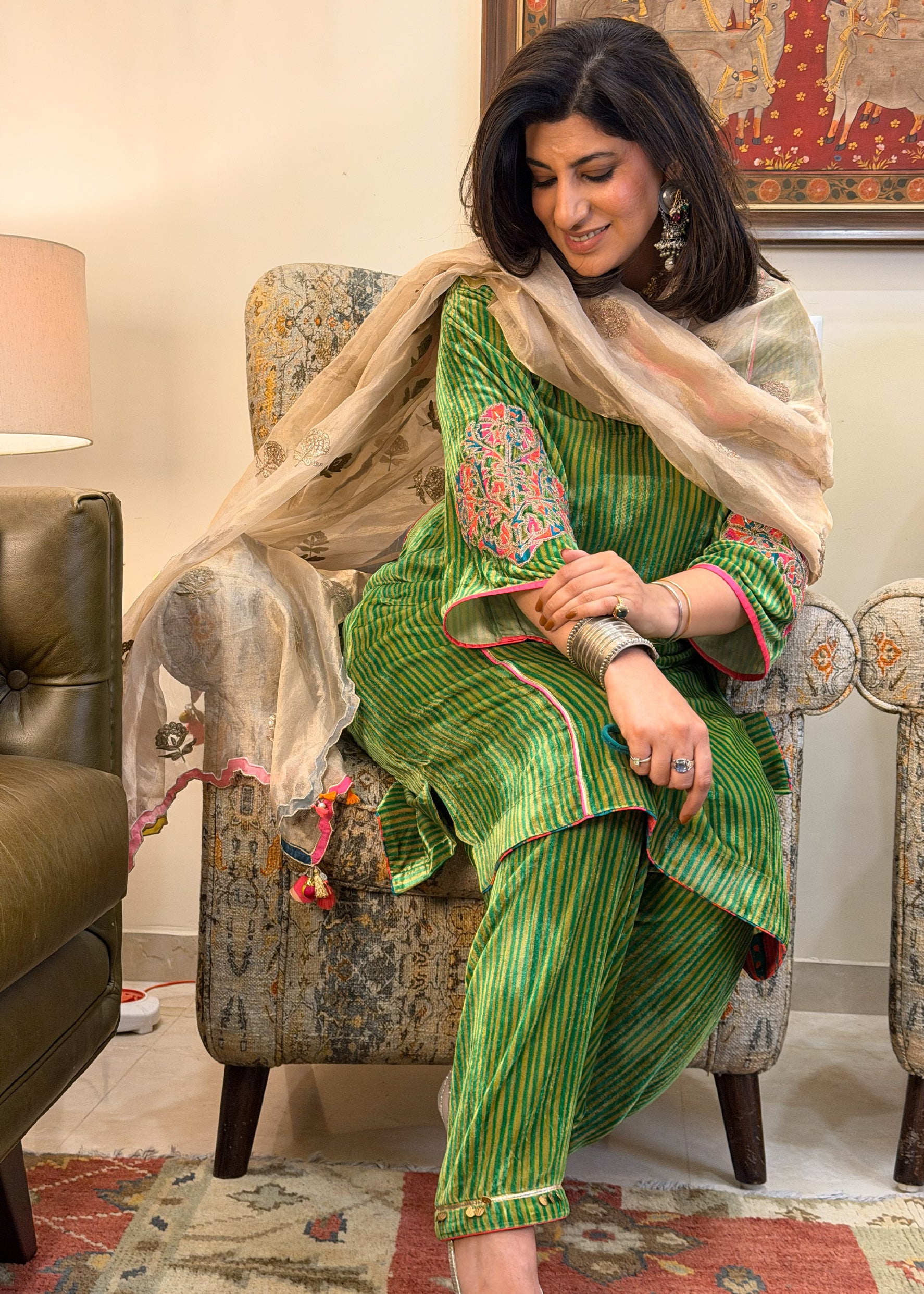 Green Stripe Velvet Kurta Set